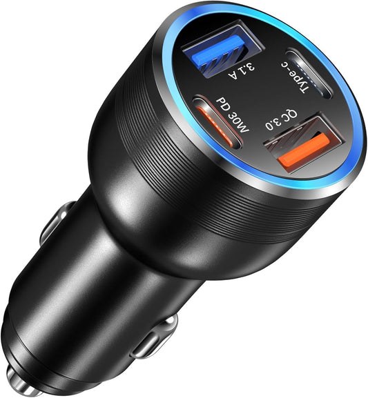USB C Car Charger 65W, Bangfun 4-Port Dual USB C & USB A Car Charger QC/PD 3.0 Fast Charge Cigarette Lighter Adapter for iPhone 16/15/14/13/12/11, Samsung S24/S23/S22 Google Android Phone(Black)