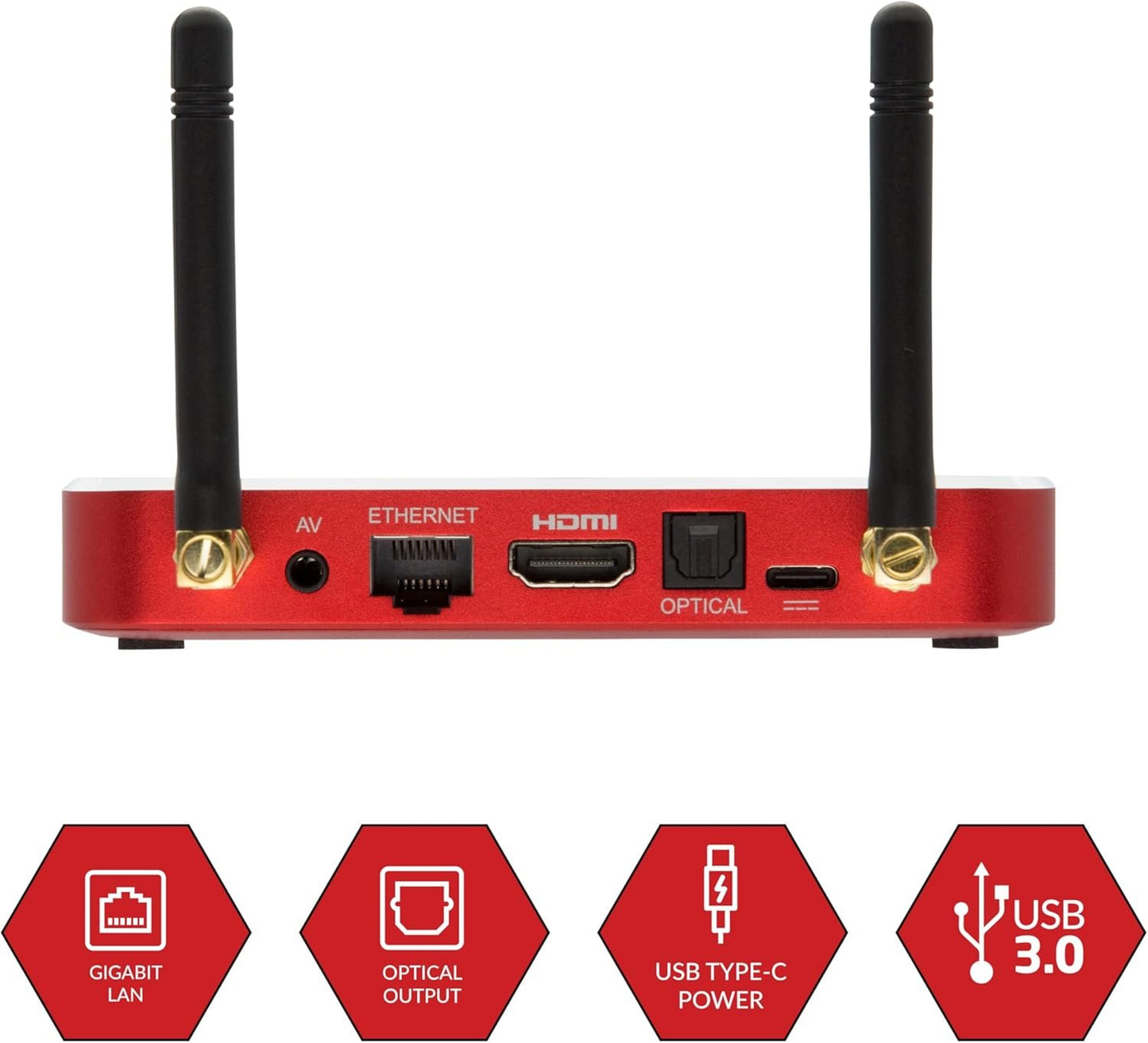 BuzzTV X5 SS Android 13 TV Box, 4GB DDR4 RAM, 128GB Storage, Scarlet Red Aluminum, Voice-Controlled Remote, Wireless AX, USB-C, Global Power Adapters