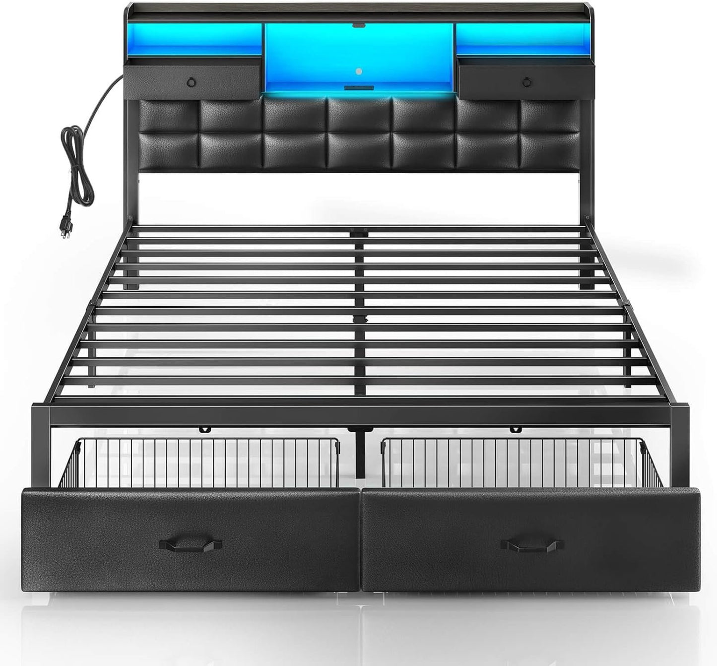 Rolanstar Bed Frame King Size with Drawers and Charging Station, Upholstered Platform Bed with Storage Headboard and LED Light, Heavy Duty Metal Frame Support, No Box Spring Needed, Noise Free, Black