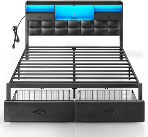 Rolanstar Bed Frame King Size with Drawers and Charging Station, Upholstered Platform Bed with Storage Headboard and LED Light, Heavy Duty Metal Frame Support, No Box Spring Needed, Noise Free, Black