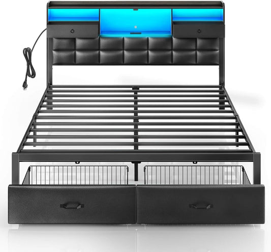 Rolanstar Bed Frame King Size with Drawers and Charging Station, Upholstered Platform Bed with Storage Headboard and LED Light, Heavy Duty Metal Frame Support, No Box Spring Needed, Noise Free, Black