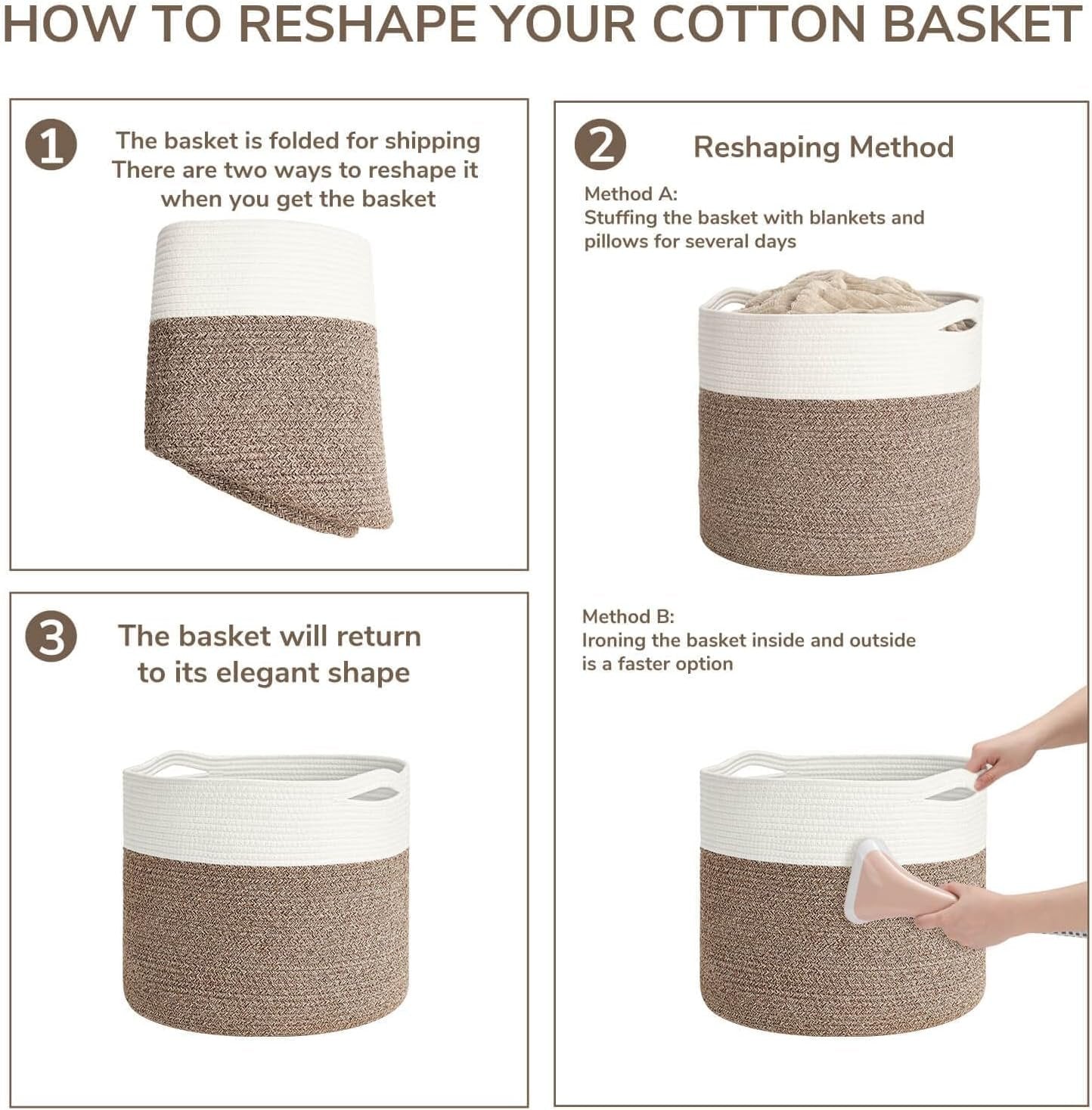 INDRESSME Large Cotton Rope Storage Basket - Woven Blanket Basket in Living Room Pillows Storage Bins with Handles for Toys Plant Basket Home Decor Warm Mix Brown White, 15.8"x15.8"x13.8"