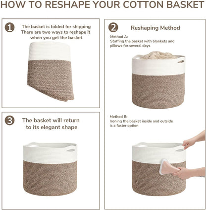INDRESSME Large Cotton Rope Storage Basket - Woven Blanket Basket in Living Room Pillows Storage Bins with Handles for Toys Plant Basket Home Decor Warm Mix Brown White, 15.8"x15.8"x13.8"
