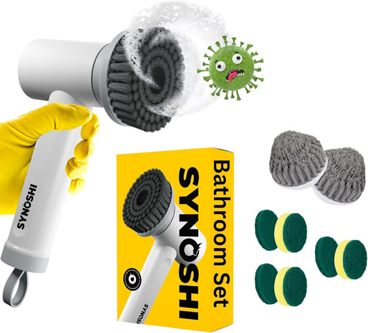 Synoshi Bathroom Set Electric Spin Scrubber with 3 Replaceable Cleaning Head + 2 Cone Brush Heads + 6 Sponge Brush Heads. Perfect for Hard to Reach Places and Smooth Surfaces in The Bathroom
