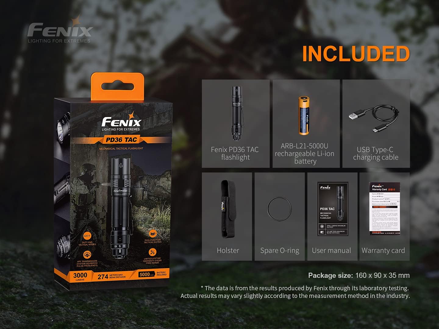 Fenix PD36 TAC 3000 Lumen Rechargeable Tactical Flashlight with 274m Beam & Up to 160hr Runtime – IP68 Waterproof LED Torch with 6 Brightness Levels USB-C Rechargeable Searchlight