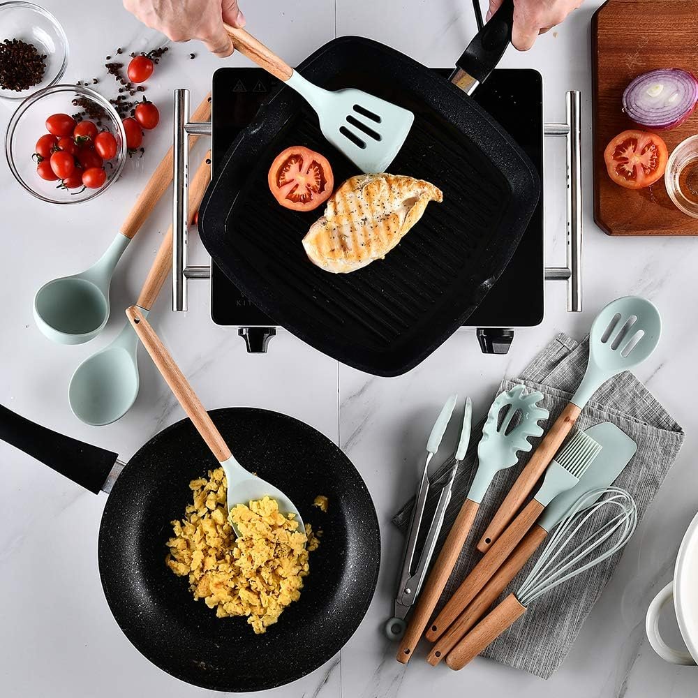 Kitchen Utensils Set for Cooking : 13 Pieces Silicone Wood Handle Kitchen Spatula Set - Heat Resistant Kitchen Gadgets Tools for Non-Stick Cookware(Green)