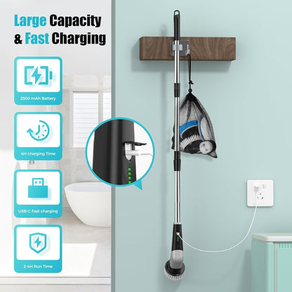 YKYI Electric Spin Scrubber,Bathroom Cleaning Brush, Electric Cleaning Brush with 8 Replaceable Brush Heads,2-Speed Shower Cleaner Brush with Long Handle for Bathroom, Tub, Kitchen, Window