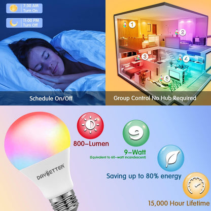 DAYBETTER Smart Light Bulbs, LED Light Bulb, Alexa Light Bulb, WiFi Color Changing Light Bulb, Smart Bulbs That Work with Alexa & Google Home, Music Sync, A19/E26 9W 810LM Smart Home Lighting, 2 Pack