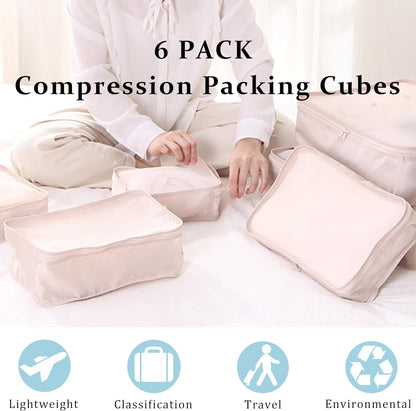 JOVALA Travel Packing Cubes 6 PCS Set Compression Cubes Luggage Suitcase Organisers Bags Pouch Clothing Sorting Packages Lightweight Travel Essentials (Beige)