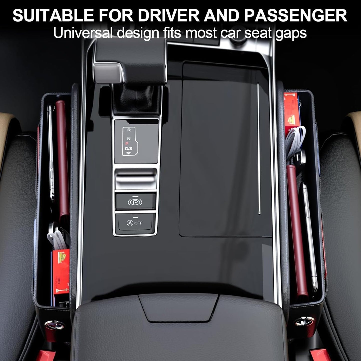 Car Seat Gap Filler, 2 Pack Universal Organizer Front Seat Leather Accessories Essentials for SUV Truck, Adjustable Universal Fit (Black)