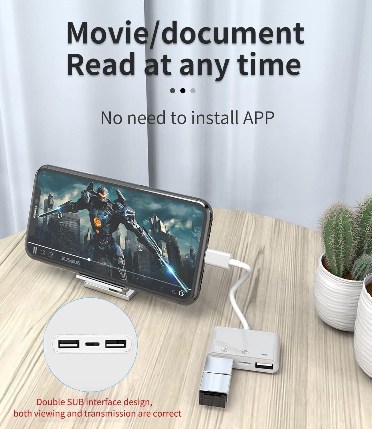 Lightning to USB Adapter(3 in 1)for Apple Charging Cable for iPhone 14 13 OTG 3.0 Dual USB-A Port Card Reader Flash Drive Keyboard Mouse Connector Camera Memory Stick Transfer Dongle External Adaptor