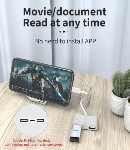 Lightning to USB Adapter(3 in 1)for Apple Charging Cable for iPhone 14 13 OTG 3.0 Dual USB-A Port Card Reader Flash Drive Keyboard Mouse Connector Camera Memory Stick Transfer Dongle External Adaptor