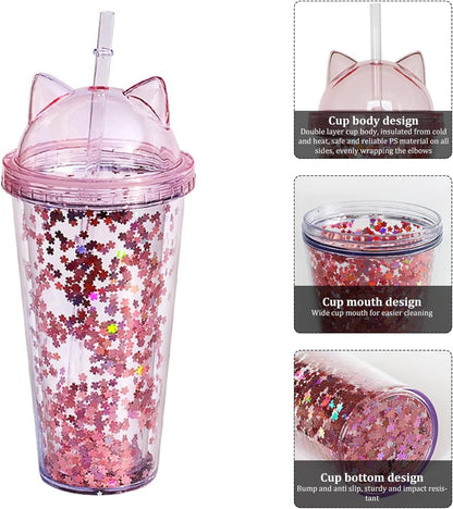 Glitter Water Bottle with Straw, 2Pcs Cute Girls Water Bottles Double Layer Water Cup Kawaii Drinking Cup Outdoor Indoor Water Bottle for School Kids, Pink & Clear