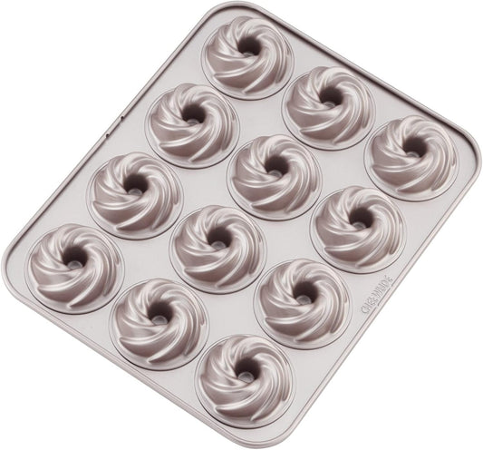 CHEFMADE Tube Cake Pan, 12-Cavity Non-Stick Cyclone Doughnut Bakeware for Oven Baking (Champagne Gold)