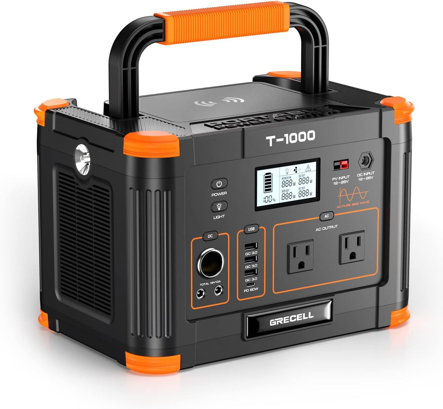 Portable Power Station 1000W (Peak 2000W), GRECELL Solar Generator 999Wh with 60W USB-C PD Output 110V Pure Sine Wave AC Outlet Backup Lithium Battery for Outdoors Camping Travel Hunting Home