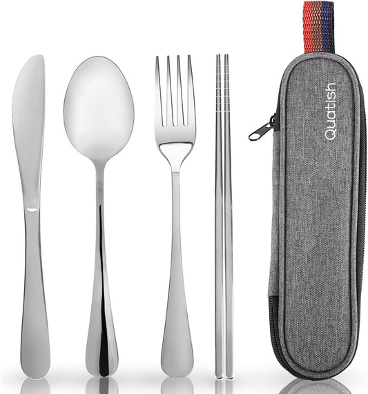 Travel Utensils with Case, Quatish Portable Utensil Set for Work, Stainless Steel Reusable Travel Cutlery Set, Spoon and Fork Set for Camping, Picnic, Gadgets, Men Lunch Box, Silver