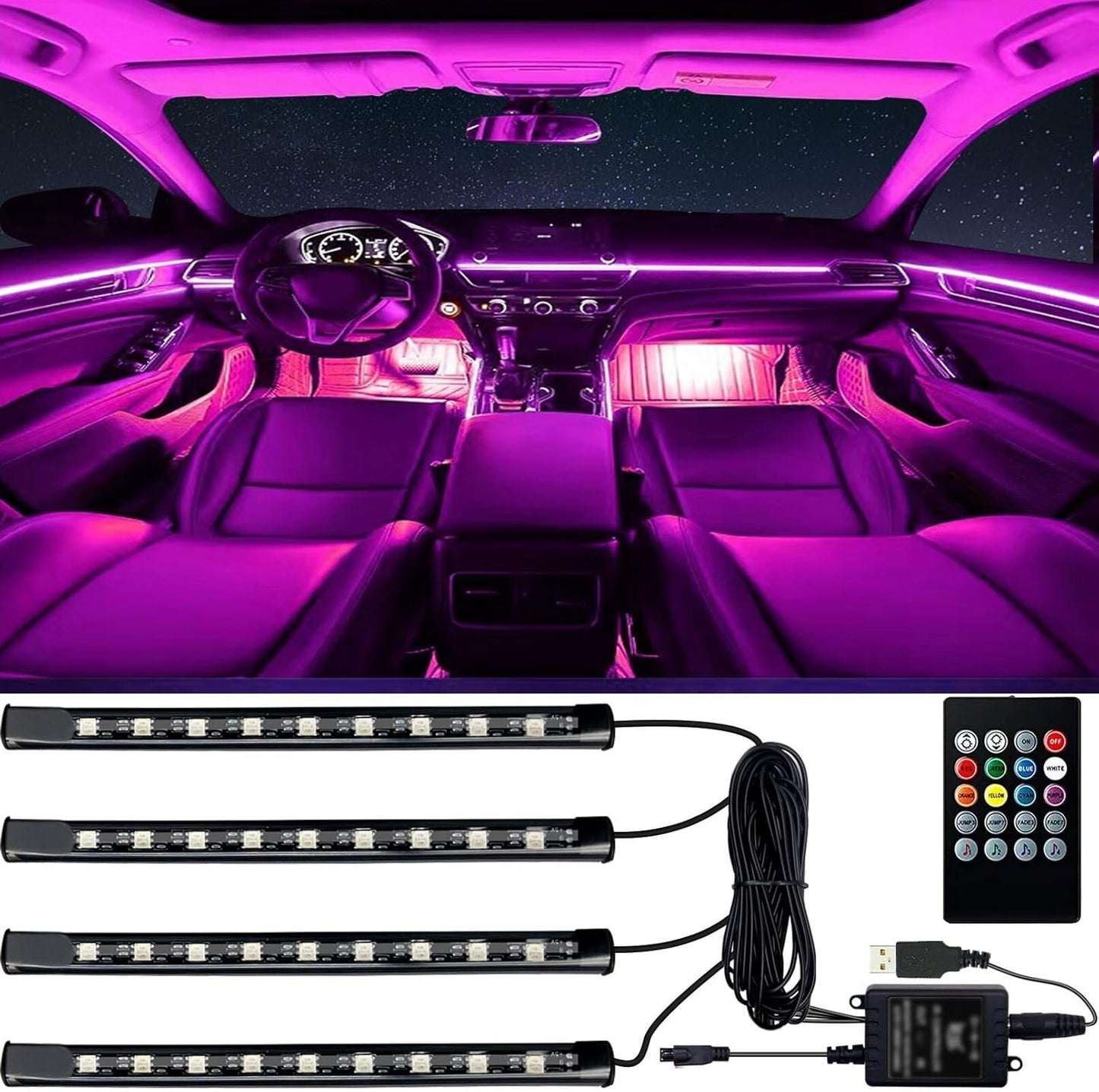 Car LED Lights, Car Accessories for Women,Smart Interior Lights with App Control, RGB Inside Car Lights with DIY Mode and Music Mode,with USB Port, Gifts for Men,12V