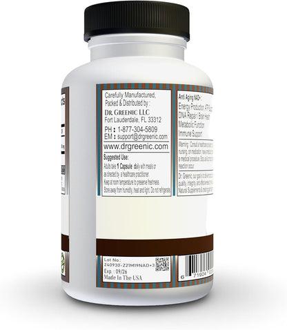 Dr. Greenic 99% Pure NAD+, 300mg - One Capsule Serving - 90 Caps NAD Supplement for Anti Aging, Cell Regenrate & Boost, with (Eurofins Scientific - COA Purity HPLC - 99.90%) NMN Alternative