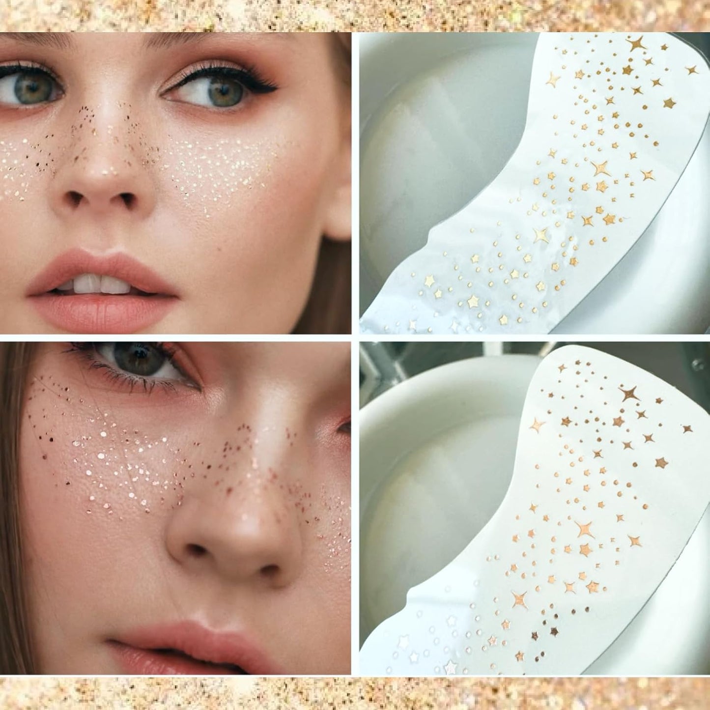6 Pcs Glittery Tattoos Freckles Gold Foil Glitter Freckles Makeup Speckles Temporary Waterproof Face Tattoos Accessories for Party and Special Occasions