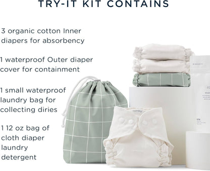 Esembly Cloth Diaper Try-It Kit, Starter Gift Set, Includes 3 Organic, Reusable Diapers Inners, 1 Stylish Outer, Patented Detergent & Wet Bag - Earth-Friendly Diapering, Lattice, Size 1 (7-18lbs)