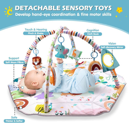 REMOKING Baby Play Gym Mat,Tummy Time Mat with 6 Detachable Toys for Sensory Development,Activity Centre & Ball Pit, Toddler Infant 0-3-6-9-12 Month,Newborn Essentials for Kids