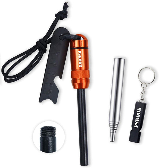 PSKOOK Replaceable Ferro Rod Fire Starter Kit with Paracord and Striker Bushcraft Survival Flint Steel with Storage Capsule