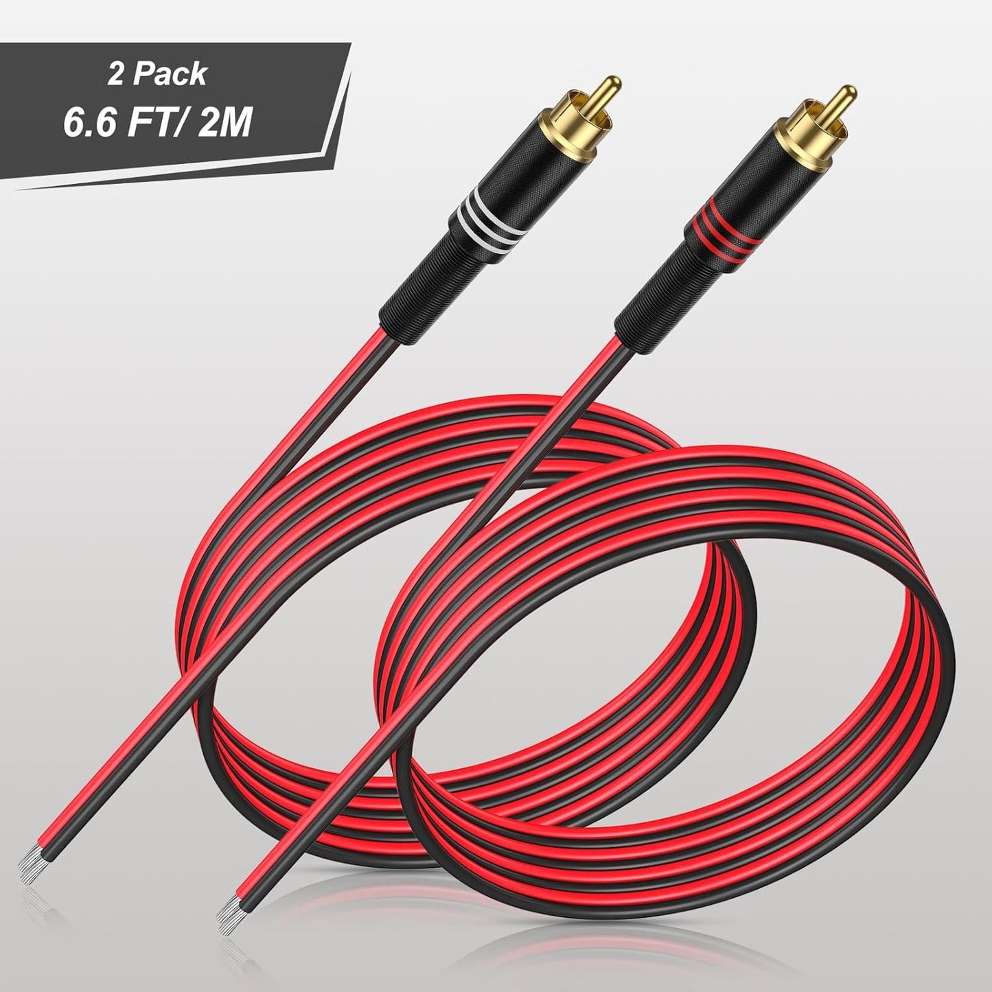 J&D RCA to Speaker Wire Adapter, 2 Pack 20AWG 6.6 ft (2 m), RCA Male Plug to Bare Wire Connector Adapter for Repairing Speaker Cords, Compatible with Amplifiers, AV Receivers