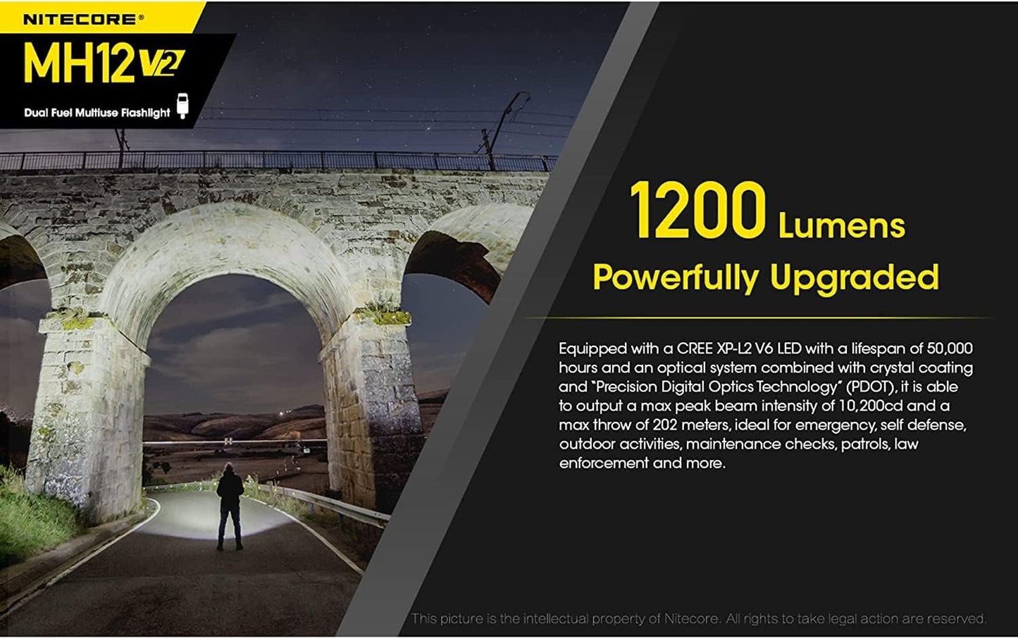 NITECORE MH12 v2 1200 Lumen USB-C Rechargeable Tactical Flashlight