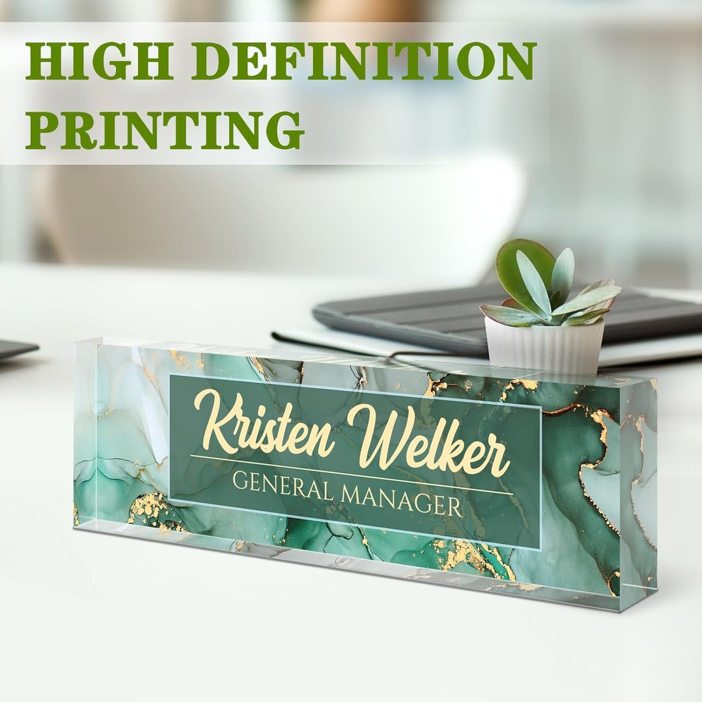 Name Plate for Desk, Personalized Green Office Decor, Acrylic Desktop Accessories, Gifts for Boss, Nurse, Teacher, Coworker, Employee Appreciation (Green Coast)