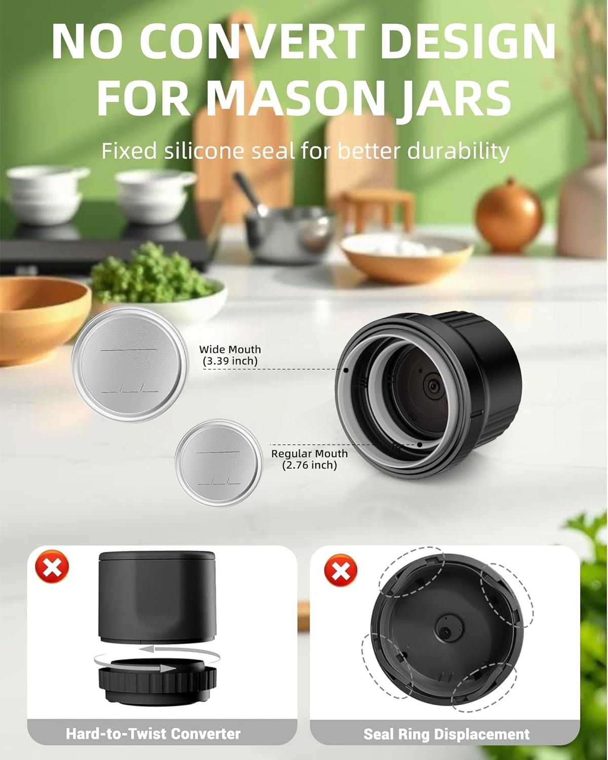 Electric Mason Jar Vacuum Sealer, Cordless 3-in-1 Vacuum Sealer Kit for Wide/Regular Mouth Jars, Wine Bottles & Containers, Food Storage & Fermentation (Black)