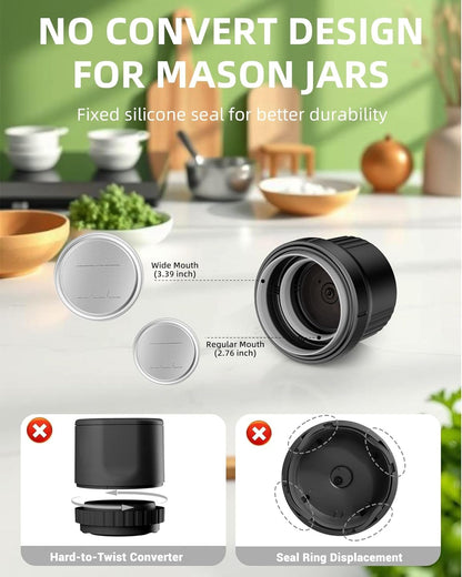 Electric Mason Jar Vacuum Sealer, Cordless 3-in-1 Vacuum Sealer Kit for Wide/Regular Mouth Jars, Wine Bottles & Containers, Food Storage & Fermentation (Black)