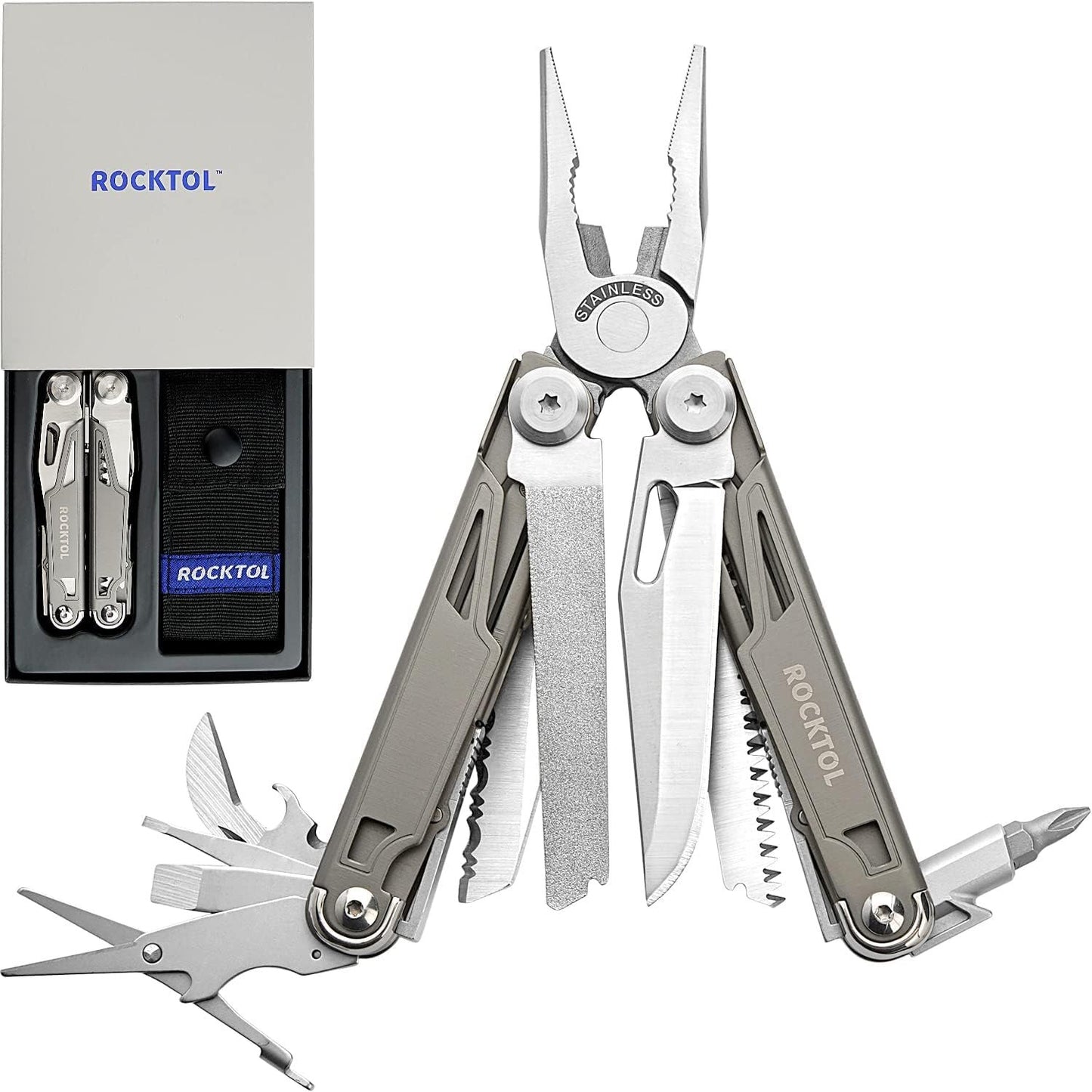 ROCKTOL Multitool Pliers,19 in 1 Multitools with Titanium-plated Handle Safety Locking Lightweight EDC Tool nylon sheath for Gifts,Men,Outdoor Survival,Hiking,Camping