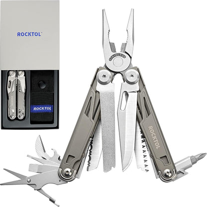 ROCKTOL Multitool Pliers,19 in 1 Multitools with Titanium-plated Handle Safety Locking Lightweight EDC Tool nylon sheath for Gifts,Men,Outdoor Survival,Hiking,Camping