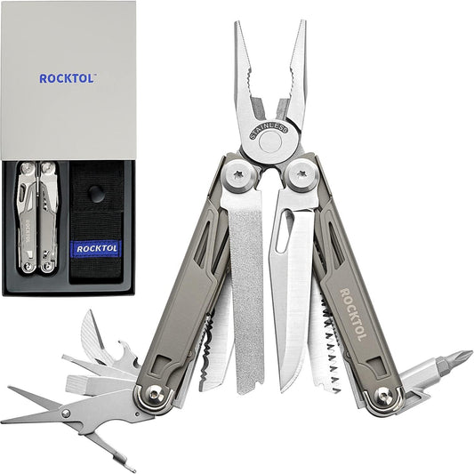 ROCKTOL Multitool Pliers,19 in 1 Multitools with Titanium-plated Handle Safety Locking Lightweight EDC Tool nylon sheath for Gifts,Men,Outdoor Survival,Hiking,Camping