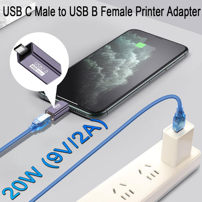 QIANRENON USB C Male to USB B Female Printer Adapter Type C Plug to MIDI Jack Electronic Music Connector 480Mbps 20W 9V2A Charging, Aluminum Case for Laptop Phone St