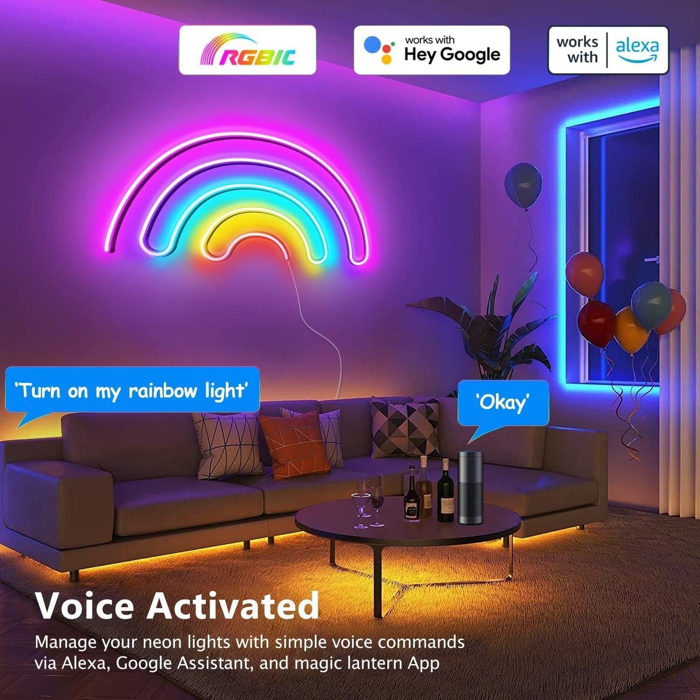 Neon Rope Strip Lights 5m RGBIC Flow LED Lights - Outdoor IP67 Waterproof, Voice Control with Alexa/Google, Music Sync via Built-in Mic, Flexible DIY Design for Bedroom, Gaming Room, Party Decor