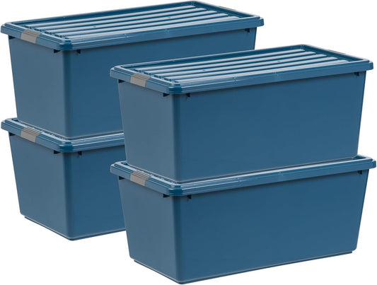 IRIS USA 86.1L Stackable Plastic Storage Bins with Lids and Latch Buckles, 4 Pack - Navy, Large Containers for Home Office Organization