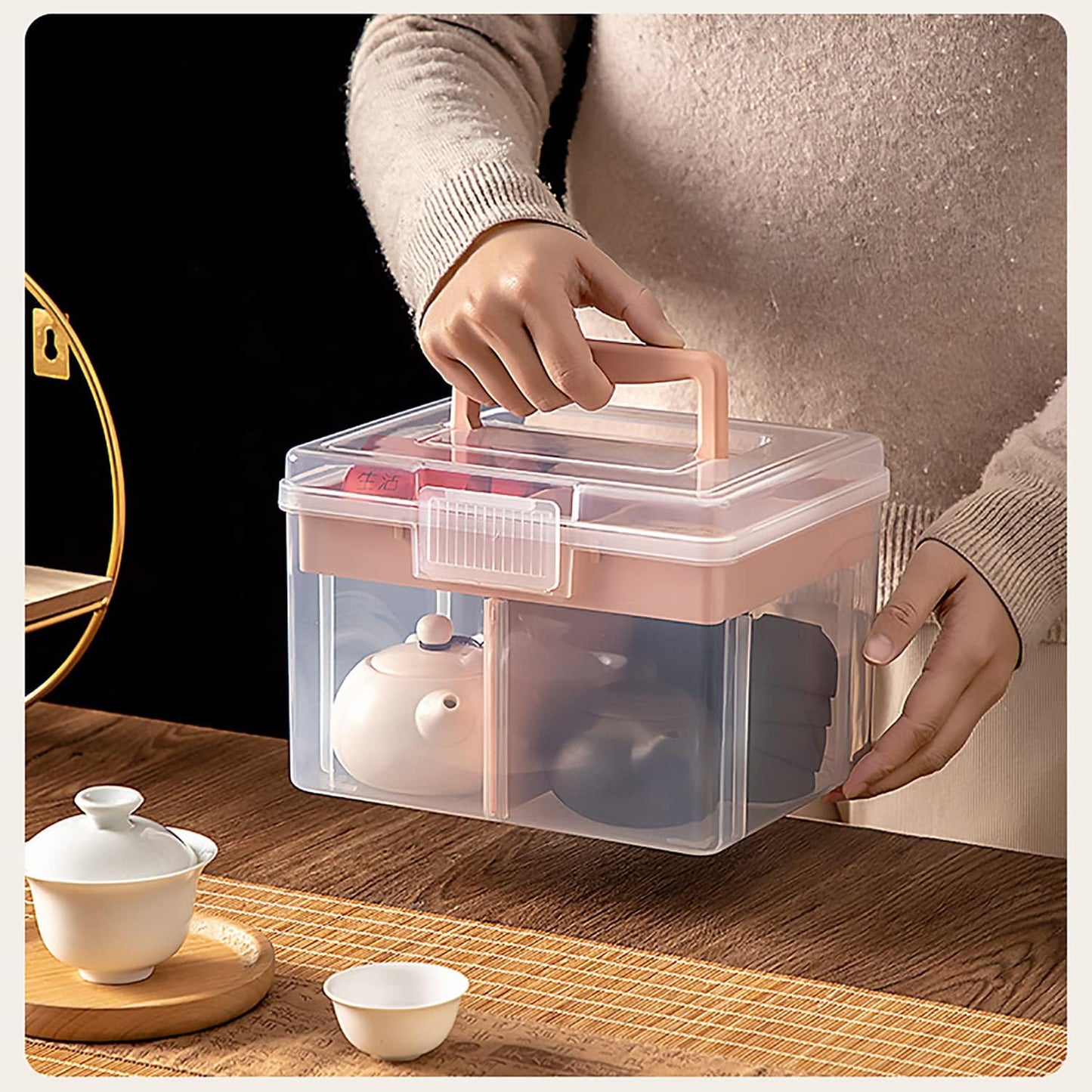 FOREVERIE Small Portable Plastic Cosmetic Case with Handle & Removable Tray & Adjustable Divider, Beauty Ornaments Hair Nail Accessories Storage Box, Sewing Box Organizer, Kids Art Box (Clear & Pink)