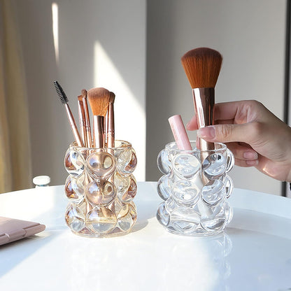 Pen Pencil Container Multi-Purpose Bubble Design Glassware Comb Makeup Brush Holder Office Desk Accessories Storage Cosmetic Tools Organizer Cup (Amber)