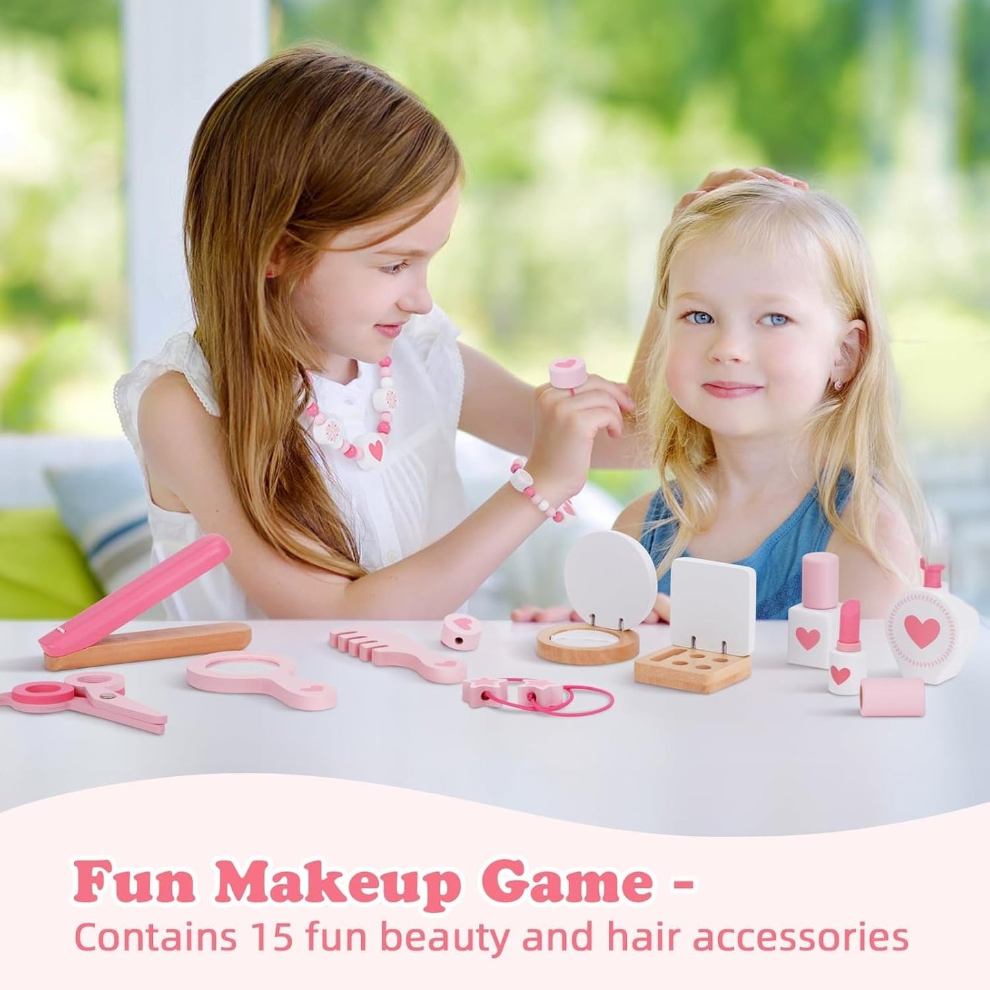 OOOK Kids Vanity Set, Table & Chair Vanity Set with Mirror and 15 pcs Interesting Make-up Accessories, Pink Makeup Dressing Table with Storage Drawer, Premium Gift for Girls.