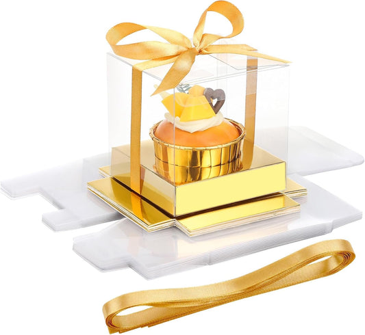 EUSOAR Gold Cupcake Boxes, 12pcs 3.5"x3.5"x3.5" Individual Cupcake Containers with Ribbon and Inserts, Plastic Dessert Muffins Clear Holder Disposable Cake Carrier for Birthday Wedding Party Favor
