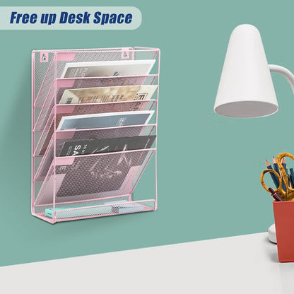 EASEPRES Desk File Organizer Mesh 6-Tier, Hanging Wall Mount Document Organization Stand, Desktop Vertical Mail Paper Folder Holder Rack with Bottom Tray for Office Home Cubicle Countertop, Pink