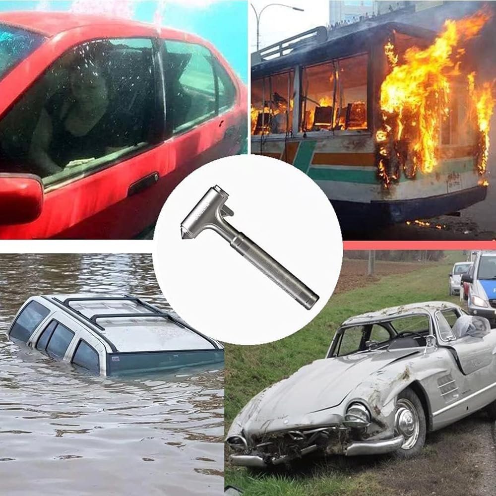 Car Safety Hammer with Whistle, Car Window Emergency Escape Breaker with Seat Belt Cutter, Aluminum Alloy Automotive Life Saving Rescue Tools (Silver)