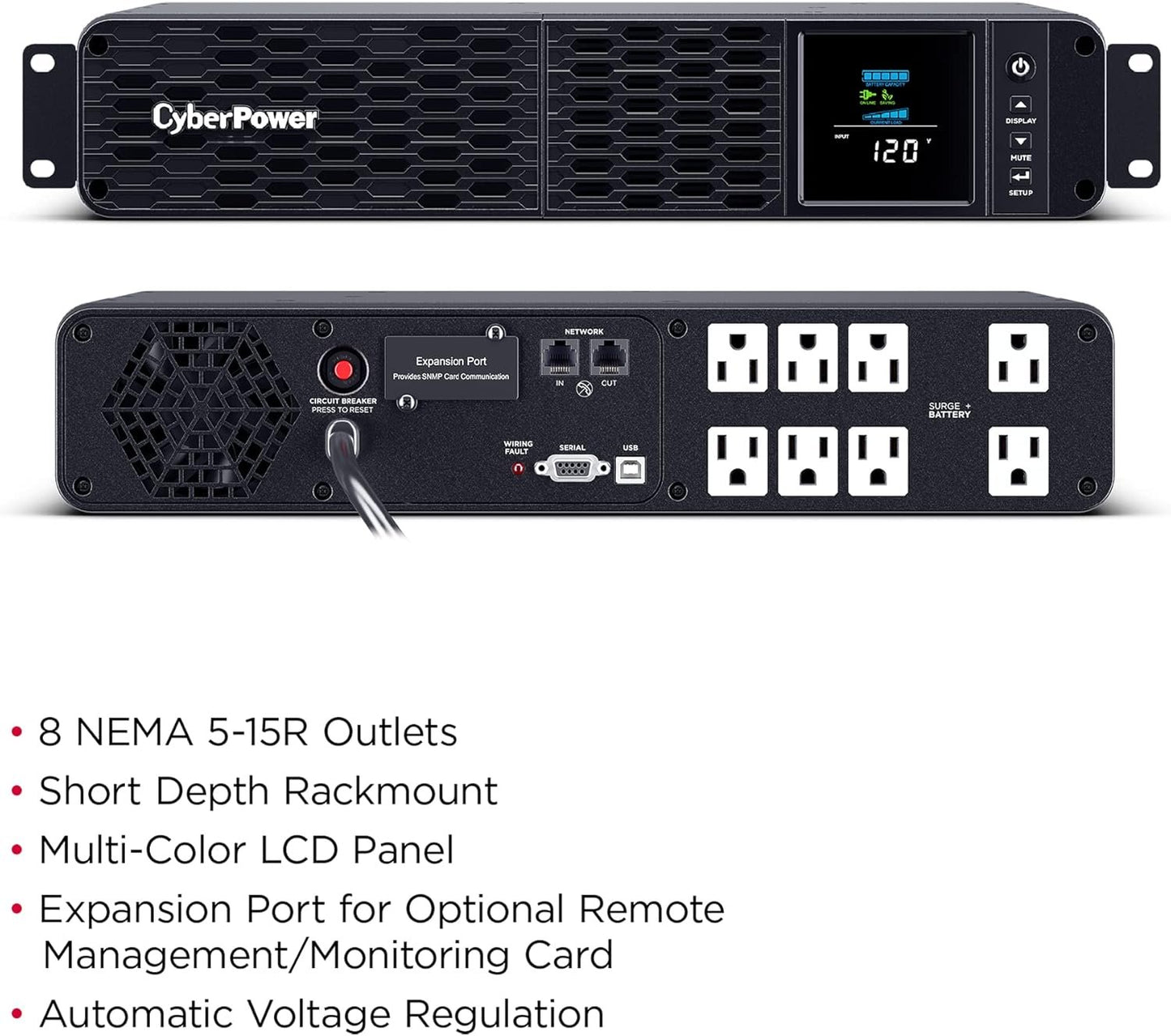 CyberPower CP1500PFCRM2U PFC Sinewave UPS System, 1500VA/1000W, 8 Outlets, AVR, Short Depth 2U Rackmount