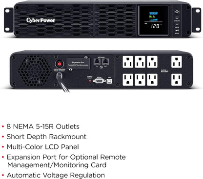 CyberPower CP1500PFCRM2U PFC Sinewave UPS System, 1500VA/1000W, 8 Outlets, AVR, Short Depth 2U Rackmount