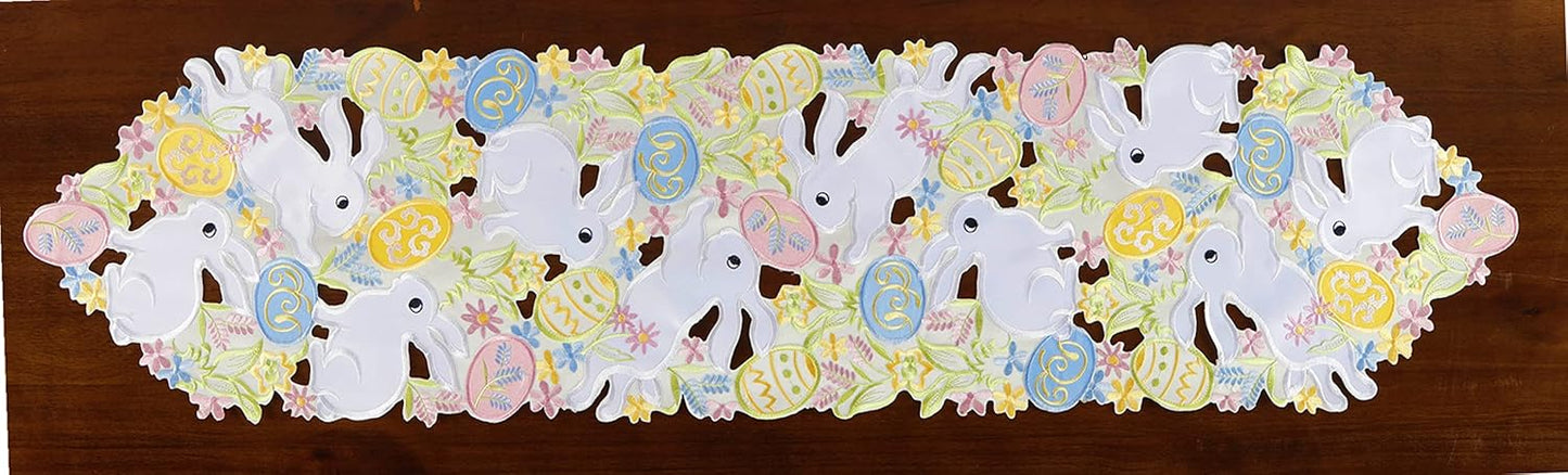 Easter Table Runner Spring Bunnys Flowery Table Runner Cutwork Embroidered Floral and Bunnys Dresser Scarf Table Topper Home Kitchen Dining Tabletop Decoration (Runner 13"×54", Bunny)