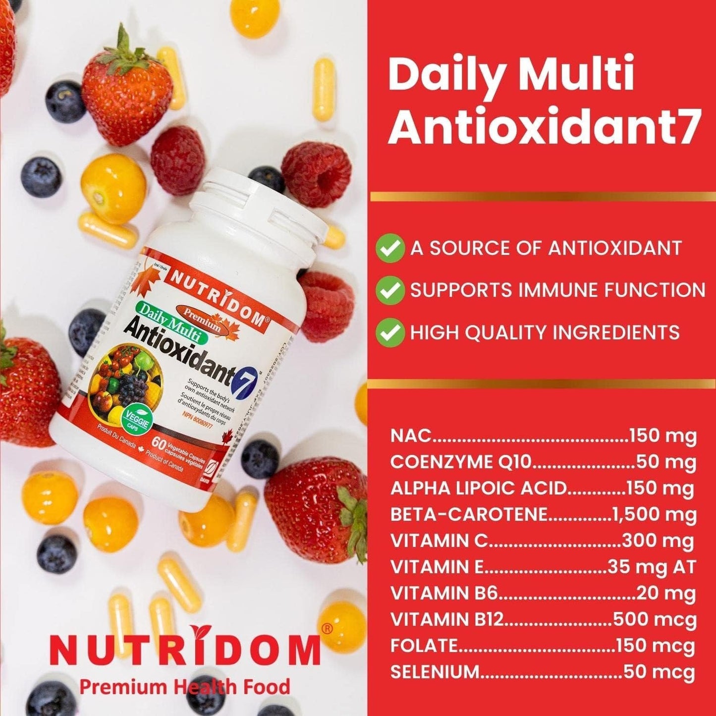 Nutridom Multi Antioxidant Formula – Broad Spectrum Antioxidant Supplement – Contains Coenzyme Q10, NAC, Alpha Lipoic Acid, Beta-Carotene, Vitamin B12, Vitamin B6, Vitamin E, Folate & Selenium - Non-GMO, Gluten Free, Vegetarian Capsules (60 Count)