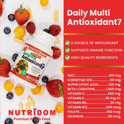 Nutridom Multi Antioxidant Formula – Broad Spectrum Antioxidant Supplement – Contains Coenzyme Q10, NAC, Alpha Lipoic Acid, Beta-Carotene, Vitamin B12, Vitamin B6, Vitamin E, Folate & Selenium - Non-GMO, Gluten Free, Vegetarian Capsules (60 Count)
