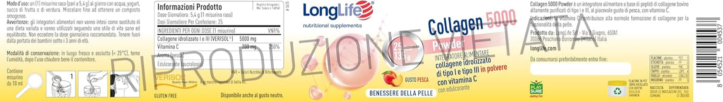 LongLife® Collagen 5000 Powder | Type I and III Hydrolyzed Collagne Powder | Skin Wellness | 25 Doses | Peach and Gluten Free Flavour