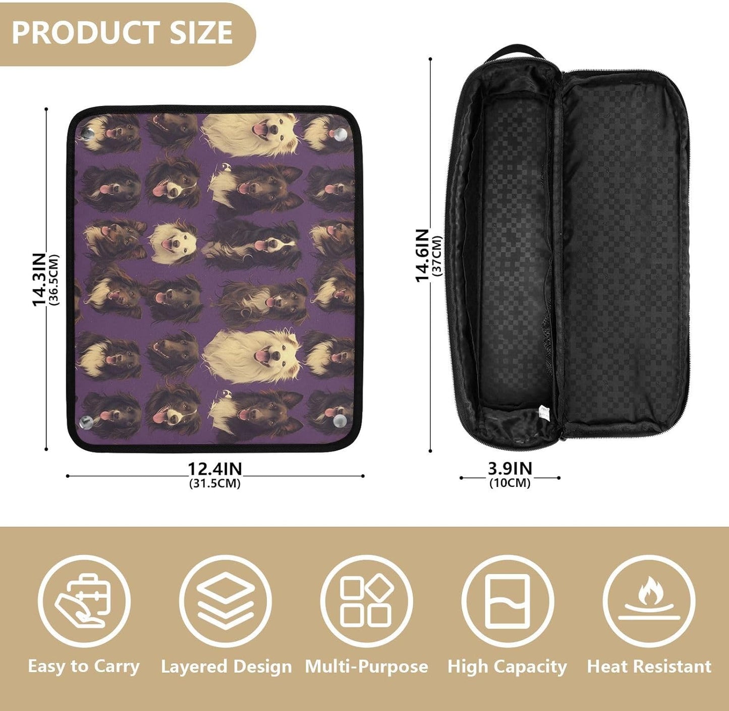 FRODOTGV Borsa da viaggio per attrezzi da viaggio con simpatico cane da pastore viola e tappetino resistente al calore, custodia da viaggio portatile per strumenti caldi e accessori per la cura dei